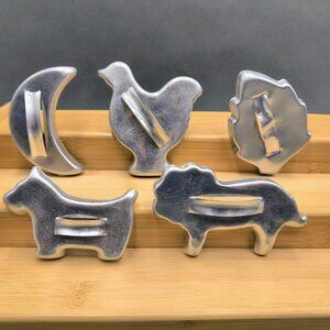 Lot Vtg Mirro Aluminum Cookie Cutters - Scottie Dog, Lion, Chicken, Moon, Leaf